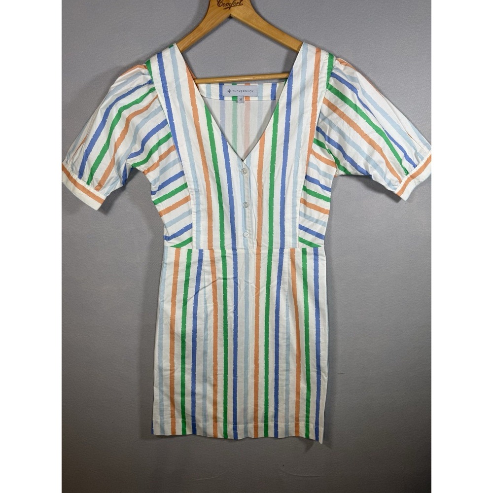 Tuckernut Dress Striped V-Neck Pockets Cotton Stretch Easter Summer Size XS